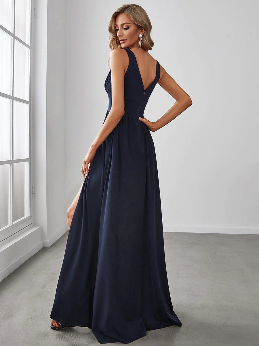 Weitese Sleeveless V-Neck Empire Waist High Slit Floor-Length Evening Dress