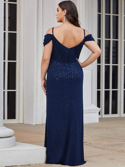 Weitese Plus Size V-Neck Cold Shoulder Floor-Length Evening Dress