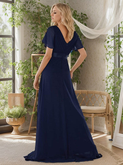 Weitese Long Chiffon Empire Waist Bridesmaid Dress with Short Flutter Sleeves