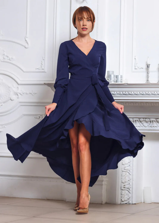 Navy Blue Ruffle Chic V Neck Tea-Length A-line Long Sleeves Bridesmaid Party Prom Evening Dress