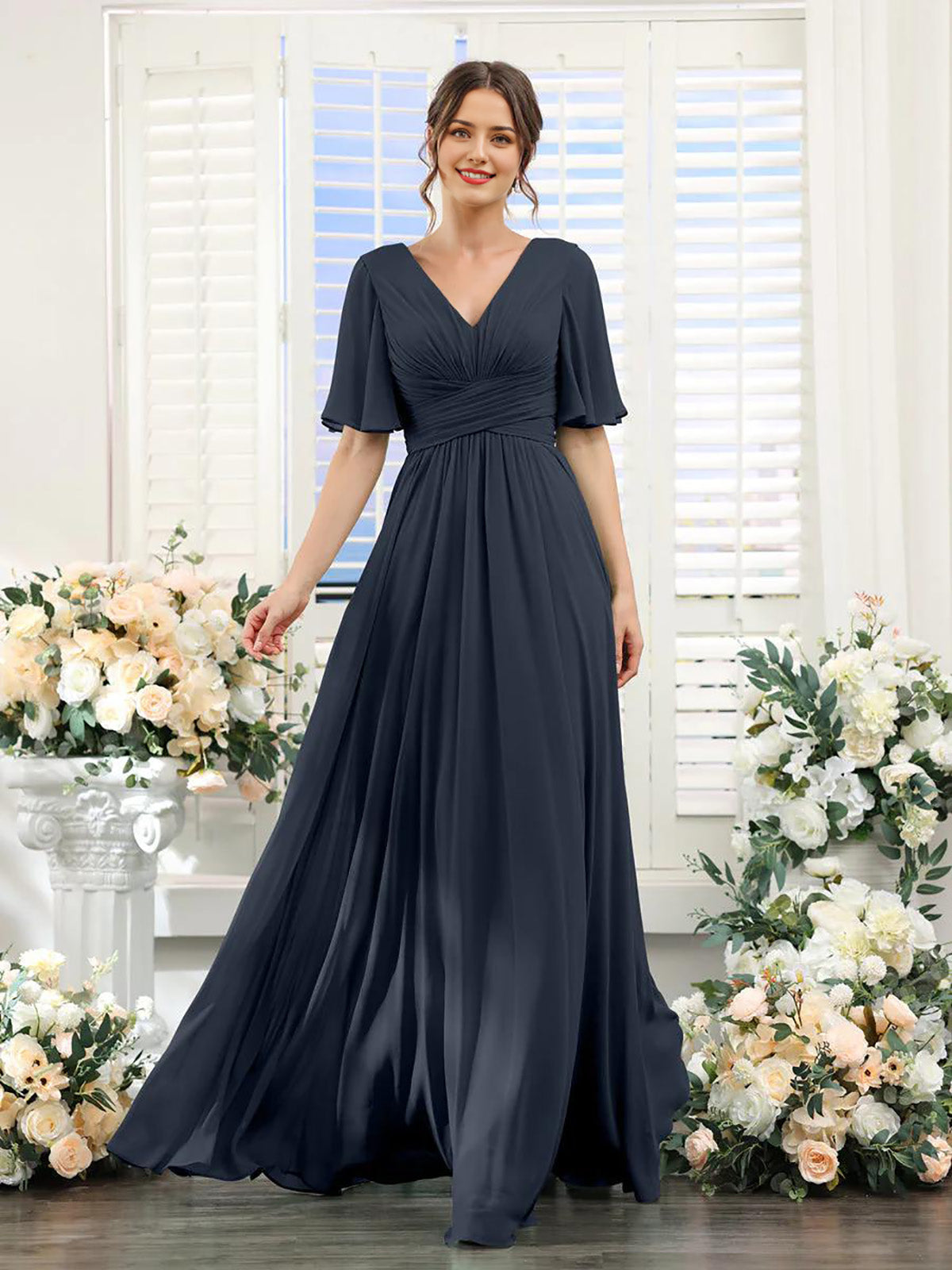 A-Line V-Neck Short Sleeve Bridesmaid Dress for Wedding Guest Long Chiffon Formal Party Dresses with Slit