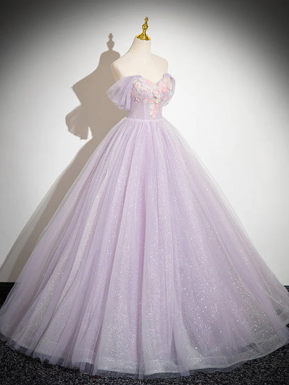 Lavender Tulle Sweetheart Off Shoulder Long Prom Dress