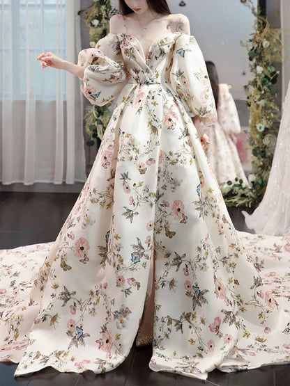 Unique puff sleeves satin long prom dress