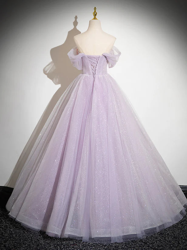 Lavender Tulle Sweetheart Off Shoulder Long Prom Dress