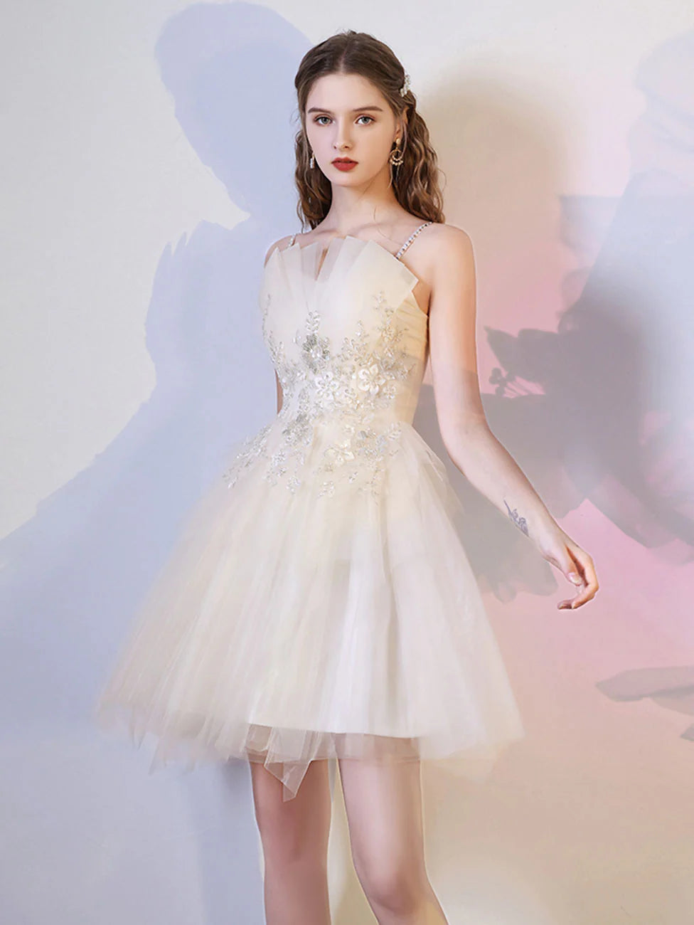 Spaghetti Straps Champagne Mini/Short Prom Dresses With Applique