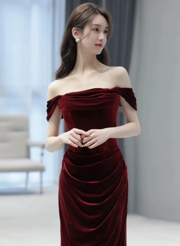 Wine Red Off Shoulder Scoop Long Prom Dress