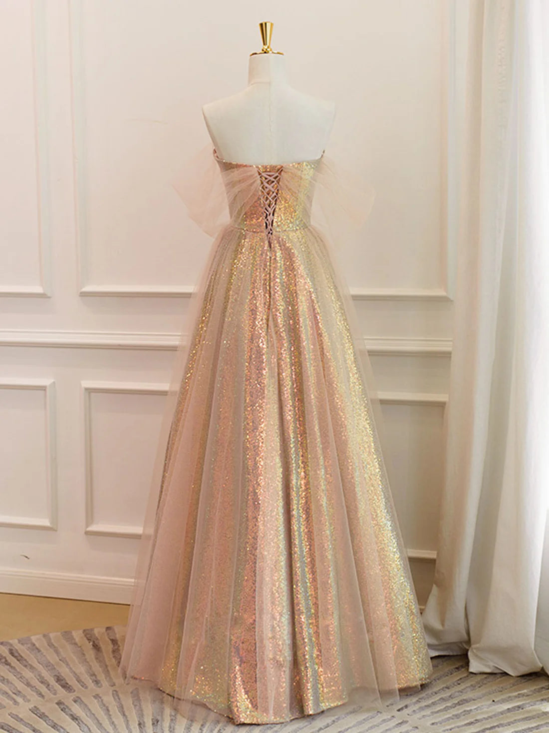 A-Line Sweetheart Neck Gold Sequin Long Prom Dress