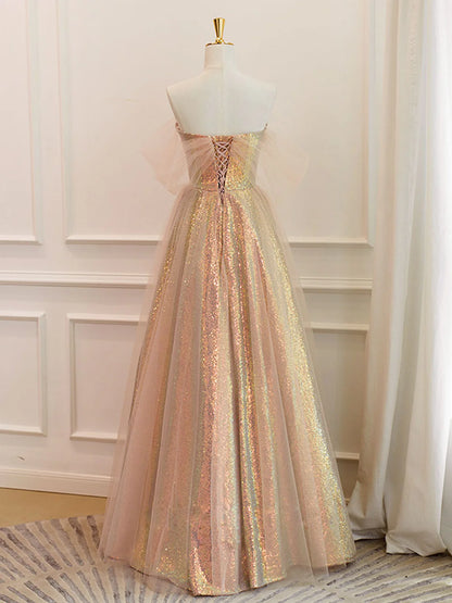 A-Line Sweetheart Neck Gold Sequin Long Prom Dress