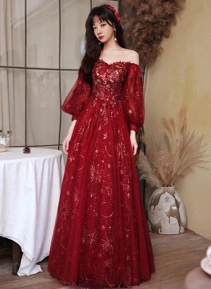 Wine Red Tulle Shiny Tulle Puffy Sleeves Prom Dress