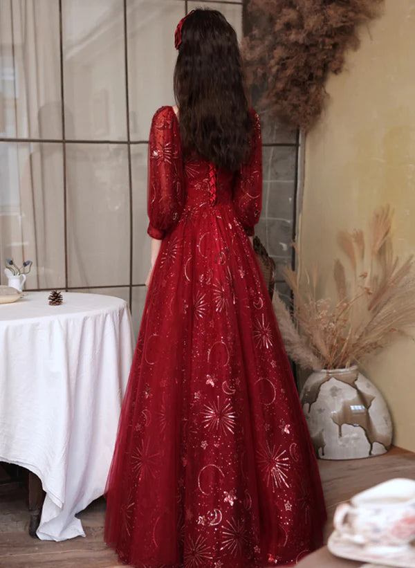 Wine Red Tulle Shiny Tulle Puffy Sleeves Prom Dress