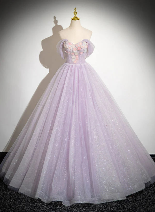 Lavender Tulle Sweetheart Off Shoulder Long Prom Dress