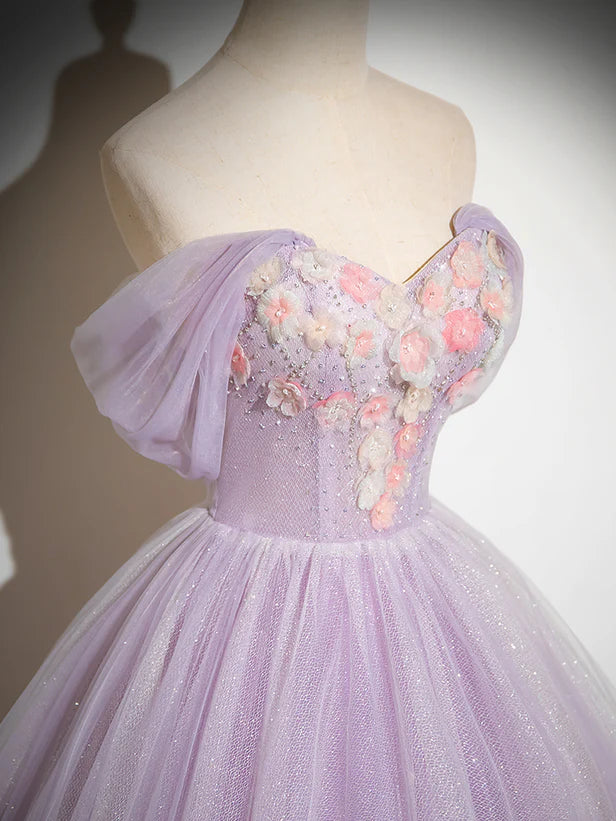 Lavender Tulle Sweetheart Off Shoulder Long Prom Dress