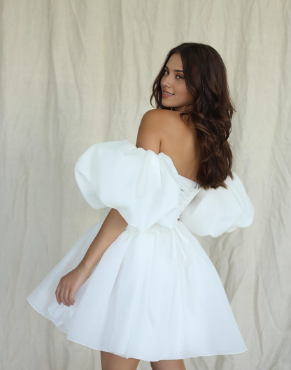 Off-the-Shoulder A-line Elegant Strapless Short Wedding Dress Puff Sleeves