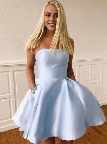 Off-the-Shoulder A Line Sky Blue Short Homecoming Dresses Strapless Pockets ﻿