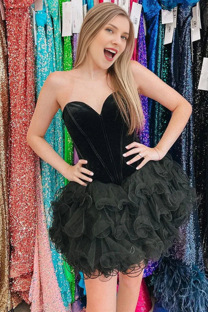 Off-the-Shoulder Black Velvet Strapless Ruffles Short Homecoming Dress