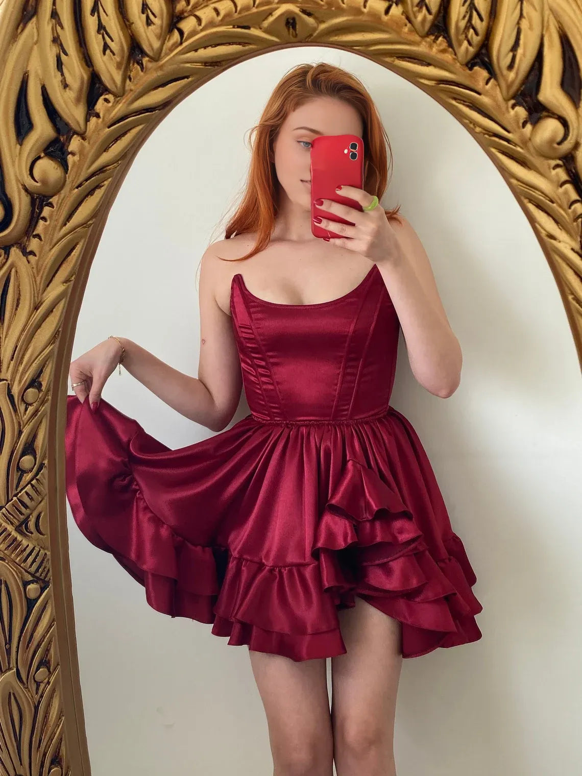 Off-the-Shoulder Burgundy Corset Dress Ruffles Homecoming Short Prom Party Dress