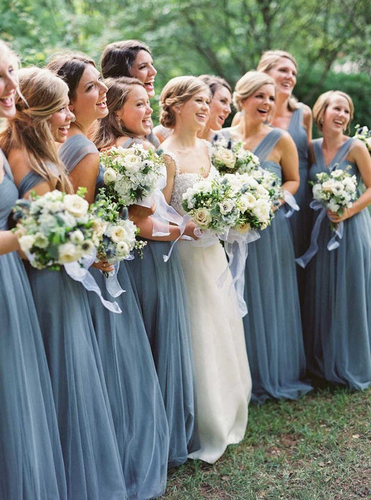 Off-the-Shoulder Floor Length Simple Tulle Long Bridesmaid Dresses