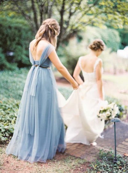 Off-the-Shoulder Floor Length Simple Tulle Long Bridesmaid Dresses