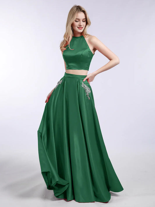 Off-the-Shoulder Floor Length Two Piece Satin Prom Party Dress with Pockets Dark Green