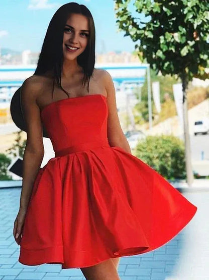 Off-the-Shoulder Red Short Homecoming Dresses Satin Sleeveless Mini