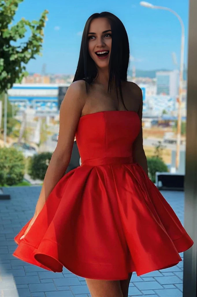 Off-the-Shoulder Red Short Homecoming Dresses Satin Sleeveless Mini