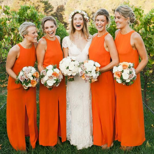 Off-the-Shoulder Round Neck Orange Chiffon Sleeveless Bridesmaid Dresses