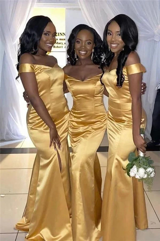 Off-the-Shoulder Sexy Gold Bridesmaid Dresses Mermaid With Slit