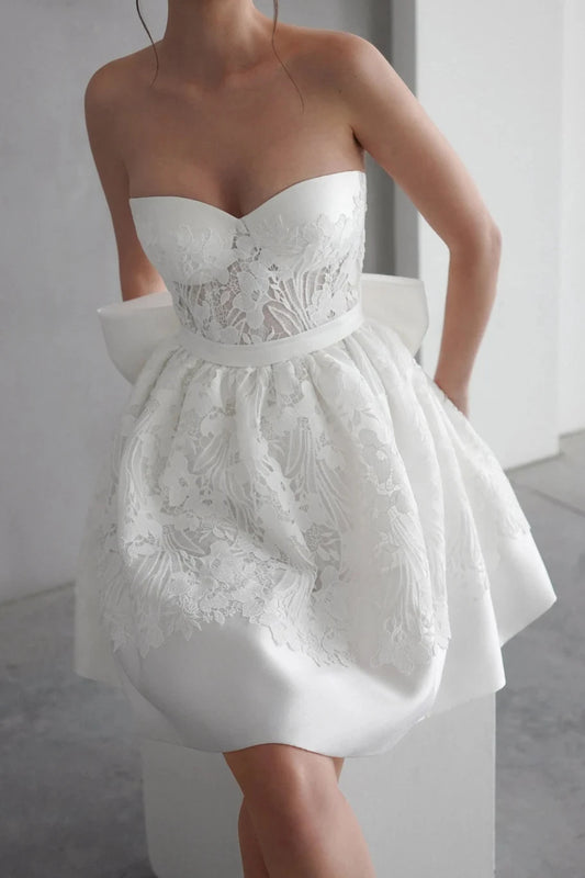 Off-the-Shoulder Short Wedding Dress Romantic Floral Lace Embroidered Wedding Gown Bow Wedding Dress Romantic Short White Prom Dress