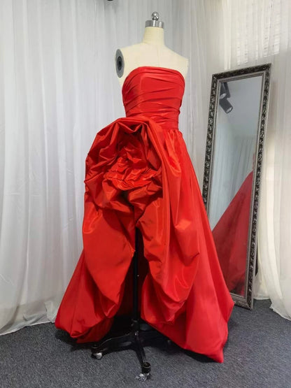 Off-the-Shoulder Unique High Low Satin Flower Shape Floor Length Wedding Bridal Dress Minimalist Simple Elegant Prom Party Gown