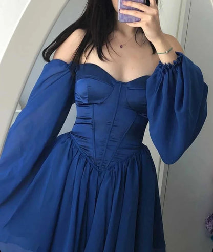 Off Shoulder Blue Satin Corset Homecoming Dress Chiffon Dress Tulle Long Sleeves Party Prom Birthday Dress