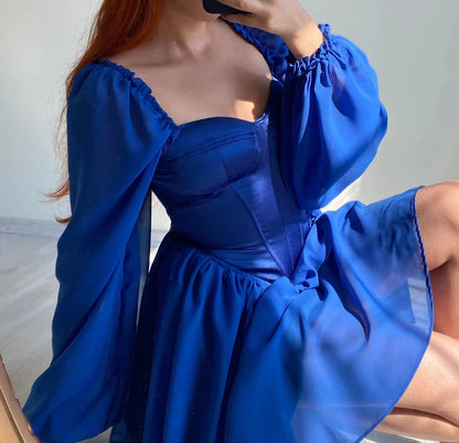 Off Shoulder Blue Satin Corset Homecoming Dress Chiffon Dress Tulle Long Sleeves Party Prom Birthday Dress