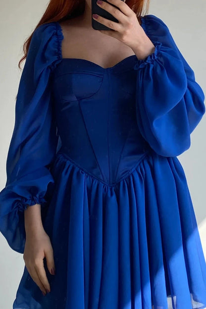 Off Shoulder Blue Satin Corset Homecoming Dress Chiffon Dress Tulle Long Sleeves Party Prom Birthday Dress