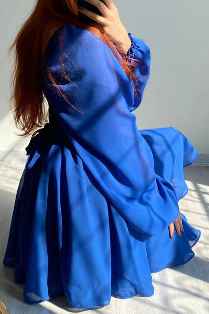 Off Shoulder Blue Satin Corset Homecoming Dress Chiffon Dress Tulle Long Sleeves Party Prom Birthday Dress