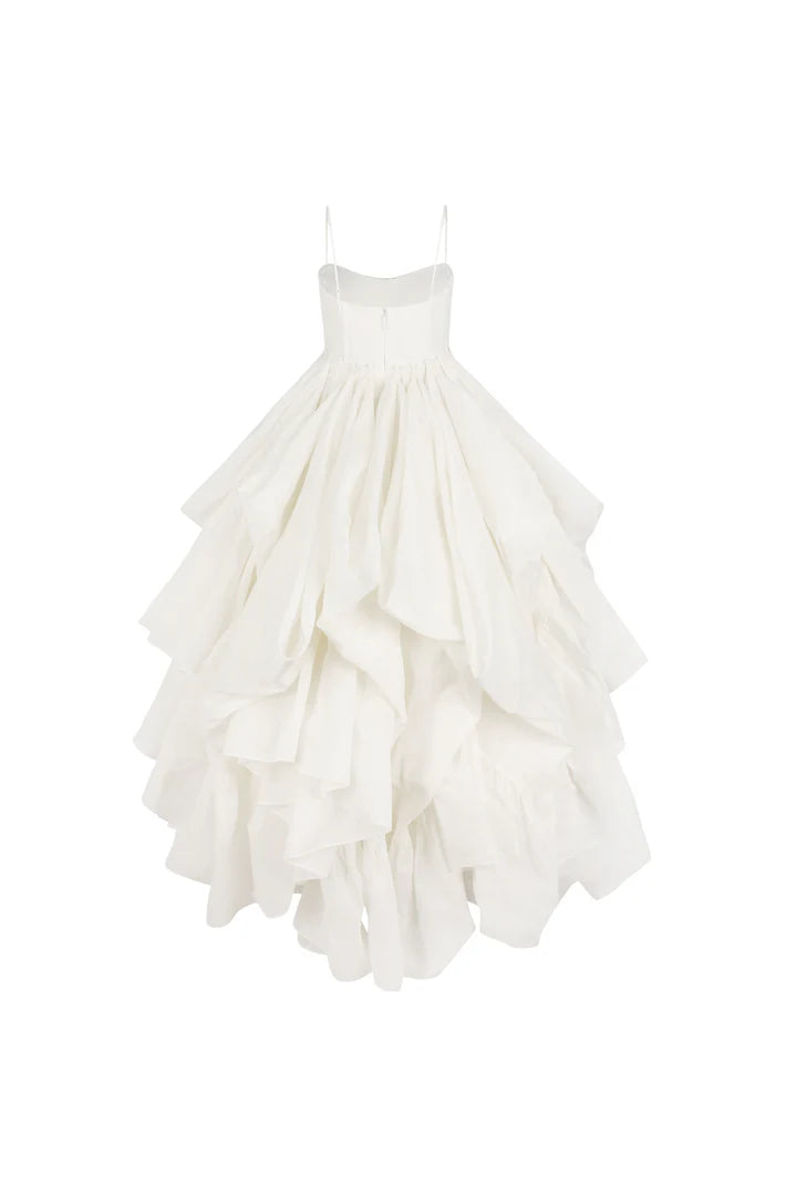 Off White Thin Shoulder Strap A-line Reverse Pleated Hem To Ankle Party Dance Dress