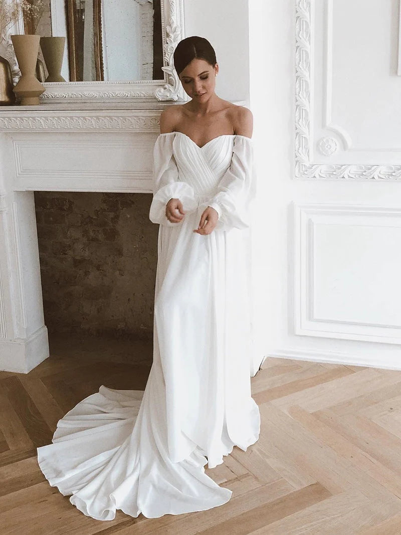 Off the Shoulder Chiffon Beach Puff Sleeve Wedding Dresses With Train