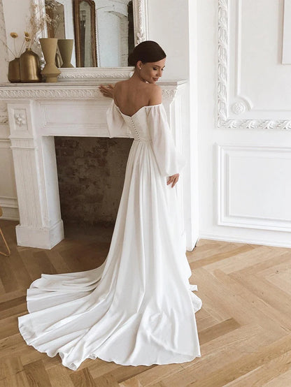 Off the Shoulder Chiffon Beach Puff Sleeve Wedding Dresses With Train