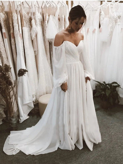 Off the Shoulder Chiffon Beach Puff Sleeve Wedding Dresses With Train