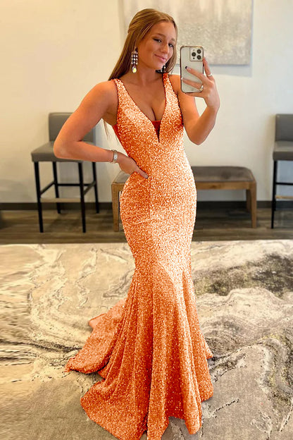 Sequins Glitter V Neck Mermaid Sexy Long Prom Dress