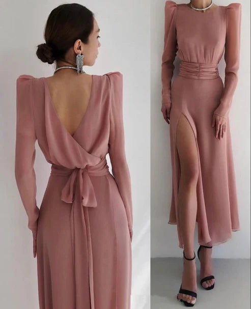 A-line Round Neck V Backless Party Dresses With Slit