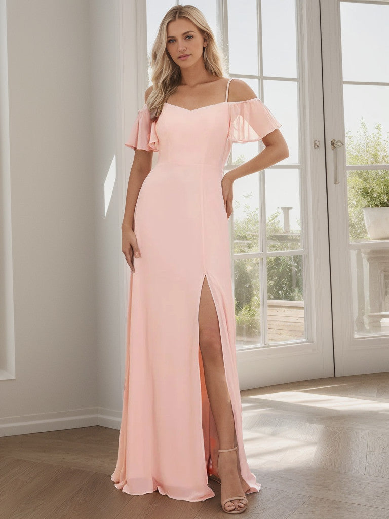 Weitese Chiffon Off-The-Shoulder Side Slit Bridesmaid Dress with sleeves