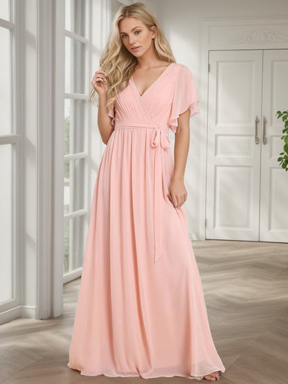 Weitese  A-Line Pleated Chiffon Tie-Waist Evening Dress