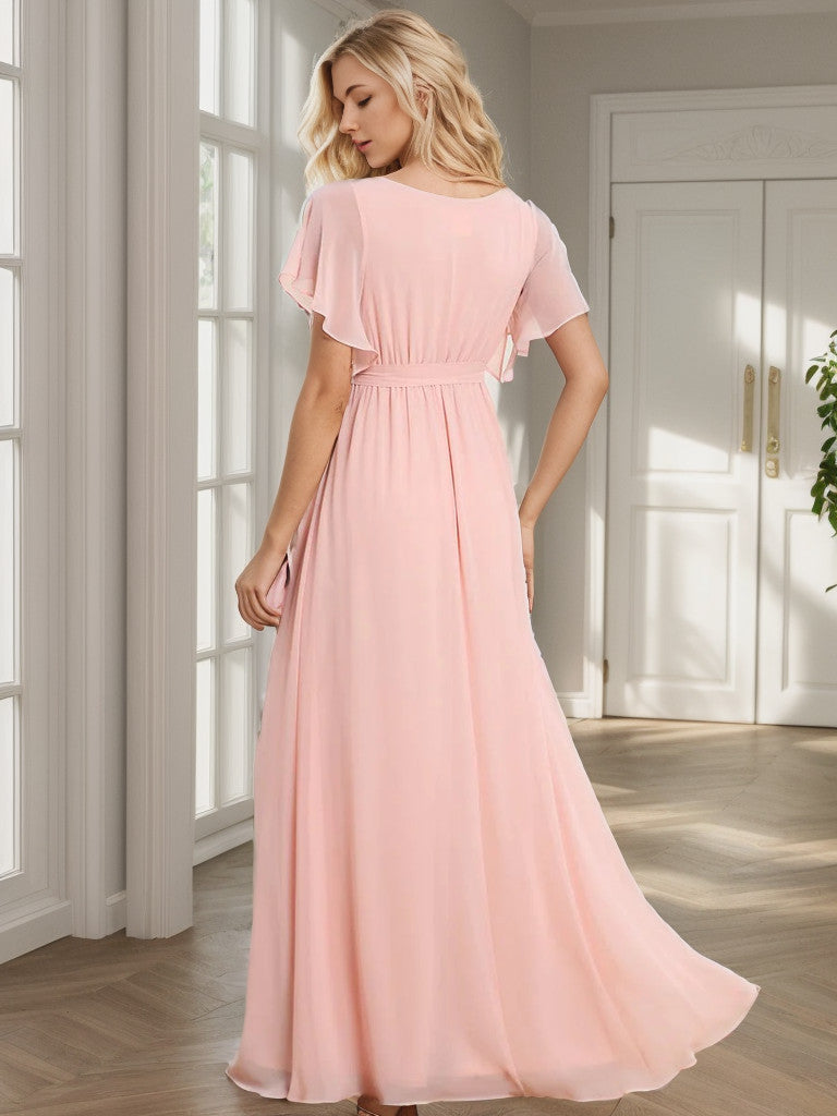 Weitese  A-Line Pleated Chiffon Tie-Waist Evening Dress