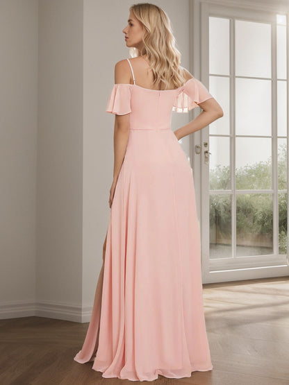 Weitese Chiffon Off-The-Shoulder Side Slit Bridesmaid Dress with sleeves