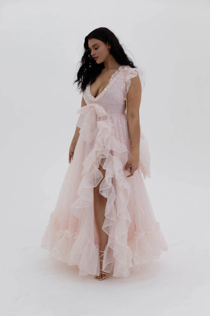 Pink Deep V-neck Ruffle Sleeve Ball Dress With Floor To Ceiling Side High Slit Party Dress