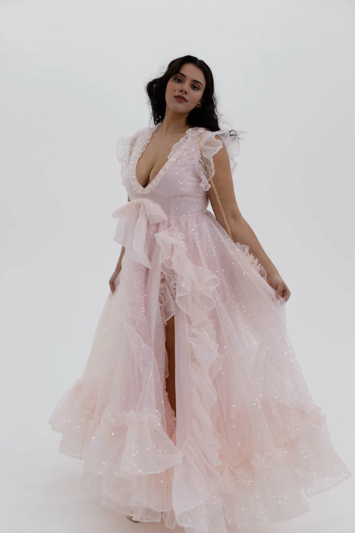 Pink Deep V-neck Ruffle Sleeve Ball Dress With Floor To Ceiling Side High Slit Party Dress