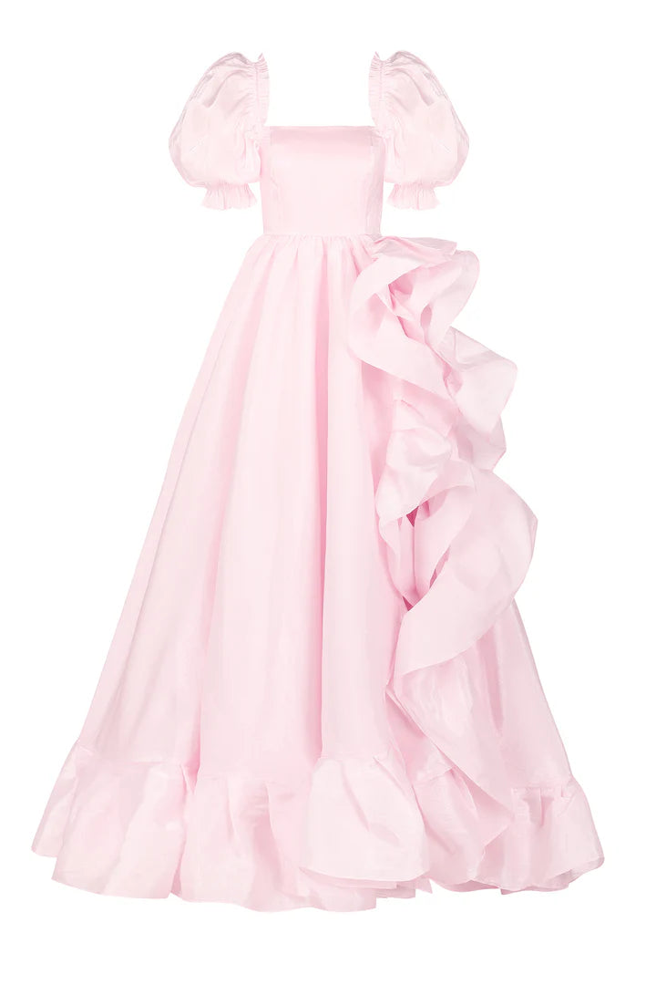 Pink Square Collar Lantern Sleeve Party Dress With Elegant And Beautiful Floor To Ceiling Style Evening Gown With High Slit