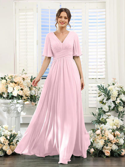 A-Line V-Neck Short Sleeve Bridesmaid Dress for Wedding Guest Long Chiffon Formal Party Dresses with Slit