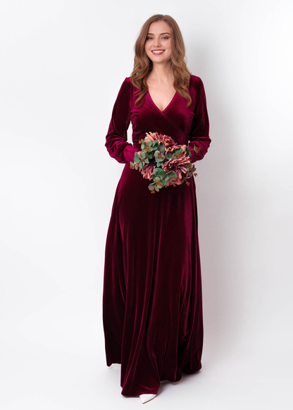 Plum Burgundy Velvet Long Dress Bridesmaid Velvet Dress Wedding Guest Long Sleeves Dress Velvet Gown Velvet Slit Dress Maxi Dress V Neck Evening Dress