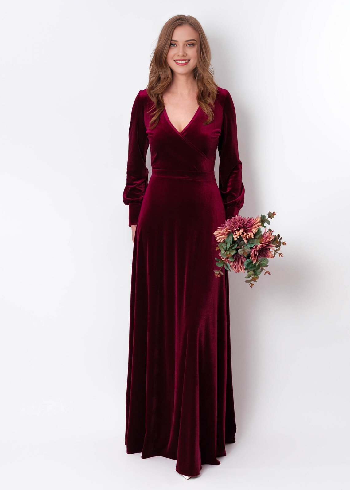 Plum Burgundy Velvet Long Dress Bridesmaid Velvet Dress Wedding Guest Long Sleeves Dress Velvet Gown Velvet Slit Dress Maxi Dress V Neck Evening Dress