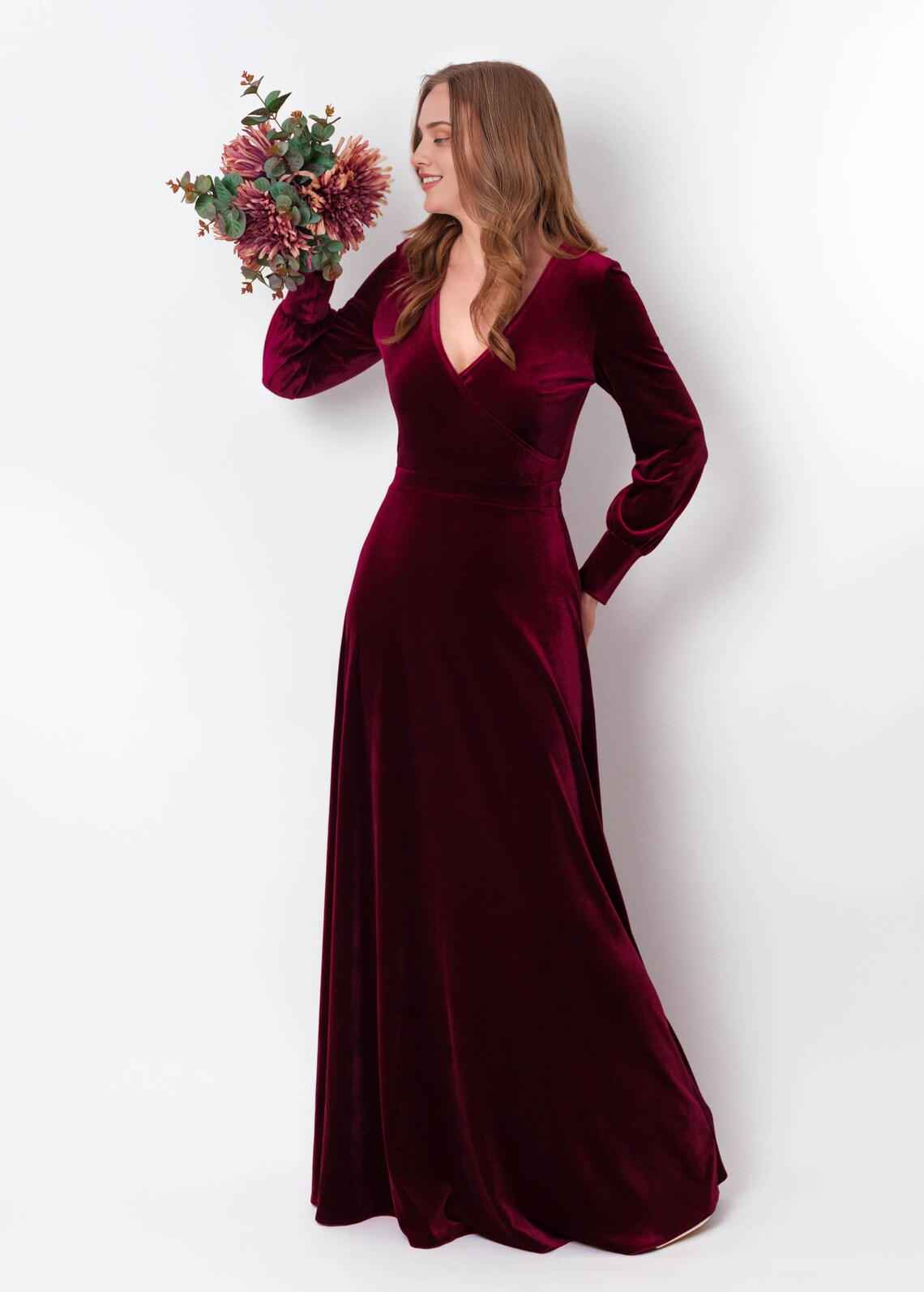 Plum Burgundy Velvet Long Dress Bridesmaid Velvet Dress Wedding Guest Long Sleeves Dress Velvet Gown Velvet Slit Dress Maxi Dress V Neck Evening Dress